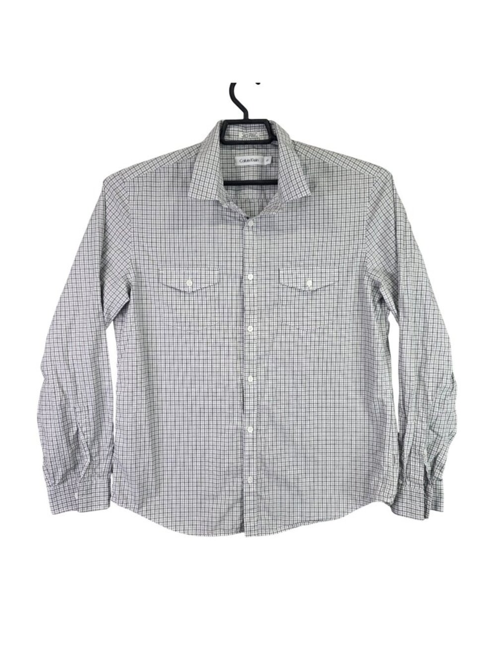 Mens Calvin Klein Gray Plaid Cotton Button Up Shirt Long Sleeve Front Pockets L